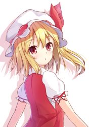 Rule 34 | 1girl, blonde hair, chestnut mouth, flandre scarlet, hat, hat ribbon, looking at viewer, mob cap, no wings, puffy short sleeves, puffy sleeves, red eyes, ribbon, shiero., short sleeves, side ponytail, solo, touhou, vest