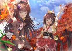 Rule 34 | 2girls, :d, animal ears, arm up, autumn, autumn leaves, azur lane, bag, bare shoulders, bird, blue sky, brown hair, chick, cloud, commentary request, day, forest, fox ears, hair ornament, handbag, holding, jacket, leaf, long hair, looking at viewer, madotsukumo, manjuu (azur lane), maple leaf, multiple girls, mutsu (azur lane), nagato (azur lane), nature, nontraditional miko, obi, open clothes, open jacket, open mouth, outdoors, pantyhose, red skirt, sash, short hair, shoulder bag, skirt, sky, smile, standing, sunlight, tree, tree shade, yellow eyes