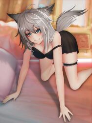 Rule 34 | 1girl, absurd fox, absurdres, animal ear fluff, animal ears, anklet, arknights, black nightgown, blue eyes, blush, breasts, cleavage, closed mouth, grey hair, highres, jewelry, lappland (arknights), large breasts, long hair, looking at viewer, nightgown, on bed, self-upload, smile, solo, tail, wolf ears, wolf girl, wolf tail