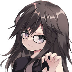Rule 34 | 1girl, black-framed eyewear, black hair, black shirt, claw pose, closed mouth, fang, fang out, glasses, hair between eyes, hand up, highres, long hair, looking at viewer, original, purinpurin, purple eyes, shirt, simple background, smile, solo, upper body, white background