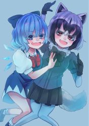Rule 34 | 2girls, :d, absurdres, animal ears, arm around back, arm up, bare arms, bare legs, black hair, blue eyes, blue hair, bodystocking, bow, bowtie, cirno, commentary request, common raccoon (kemono friends), crossover, dress, eyes visible through hair, fang, feet out of frame, fur collar, gloves, grey hair, hair between eyes, hair bow, hand up, highres, ice, ice wings, kemono friends, knees together feet apart, layered sleeves, long sleeves, looking at viewer, multicolored hair, multiple girls, mutsumi326, open mouth, pantyhose, puffy short sleeves, puffy sleeves, raccoon ears, raccoon tail, red eyes, shoes, short dress, short hair, short over long sleeves, short sleeves, side-by-side, skirt, smile, sweater, tail, touhou, v-shaped eyebrows, wings
