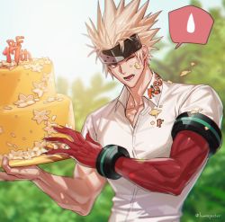Rule 34 | 1boy, anniversary, cake, collarbone, colored skin, dress shirt, dungeon and fighter, food, food on face, gauntlets, headband, holding, holding food, long hair, lumispecter, male focus, muscular, one eye closed, red eyes, red skin, shirt, slayer (dungeon and fighter), solo, spiked hair, sweatdrop, tight clothes, tight shirt, twitter username, white hair