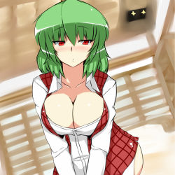 Rule 34 | + +, 1girl, bad id, bad pixiv id, blush, breasts, cleavage, dress shirt, female focus, green hair, kazami yuuka, large breasts, leaning forward, meicha, no pants, open clothes, open shirt, red eyes, shirt, short hair, solo, touhou, vest