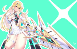 Rule 34 | 1girl, absurdres, aegis sword (xenoblade), bare legs, bare shoulders, blonde hair, breasts, chest jewel, cleavage, cleavage cutout, clothing cutout, daive, dress, earrings, elbow gloves, gloves, highres, jewelry, large breasts, long hair, mythra (xenoblade), short dress, solo, swept bangs, thigh strap, tiara, very long hair, white dress, white gloves, xenoblade chronicles (series), xenoblade chronicles 2, yellow eyes