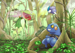 Rule 34 | absurdres, against tree, black eyes, carnivine, colored sclera, creatures (company), croagunk, crossed arms, day, game freak, gen 4 pokemon, highres, nintendo, no humans, open mouth, outdoors, plant, pokemon, pokemon (creature), powder, q-chan, skorupi, sunlight, tree, yellow sclera