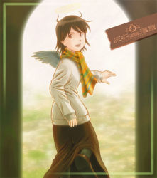 Rule 34 | 00s, 1girl, aaru sentou shuudan, haibane renmei, halo, looking at viewer, multicolored clothes, multicolored scarf, rakka (haibane), scarf, skirt, solo, static cling, striped clothes, striped scarf, wings