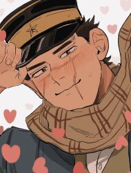 Rule 34 | 1boy, absurdres, black hair, blue jacket, blush, brown scarf, closed mouth, facial scar, golden kamuy, hat, heart, highres, jacket, looking at viewer, male focus, military hat, scar, scar on cheek, scar on face, scar on mouth, scar on nose, scarf, short hair, smile, solo, sugimoto saichi, ton (ton19130318), upper body