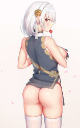 Rule 34 | 1girl, absurdres, ass, azur lane, blush, braid, breast curtains, breasts, candy, china dress, chinese clothes, covered erect nipples, dress, food, from behind, hair between eyes, hair ornament, highres, holding, holding food, jean.organ, large breasts, licking, lollipop, looking at viewer, looking back, petals, red eyes, revealing clothes, short hair, sideboob, sirius (azur lane), sirius (azure horizons) (azur lane), solo, thighhighs, thighs, white hair, white thighhighs