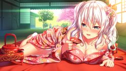 Rule 34 | 10s, 1girl, :d, alcohol, bare shoulders, blue eyes, blush, bow, bowl, box, breasts, building, bush, cherry blossoms, cleavage, collarbone, cup, door, drunk, floral print, flower, full body, hair bow, hair flower, hair ornament, hairpin, heart, heart-shaped pupils, highres, house, indoors, japanese clothes, kantai collection, kashima (kancolle), kimono, lantern, large breasts, light rays, lying, nazu-na, off shoulder, on stomach, open clothes, open kimono, open mouth, plant, pot, sakazuki, sake, sash, short hair, side slit, silver hair, sliding doors, smile, socks, solo, stone lantern, sunlight, symbol-shaped pupils, tabi, thighs, tree, wavy hair, wet, white socks, window