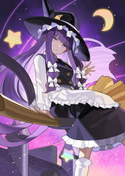 Rule 34 | 1girl, absurdres, black hat, blunt bangs, bow, broom, broom riding, cosplay, crescent moon, falken (yutozin), hair bow, hat, highres, kirisame marisa, kirisame marisa (cosplay), long hair, looking at viewer, moon, patchouli knowledge, purple eyes, purple hair, sitting, solo, star (symbol), touhou, white bow, witch hat
