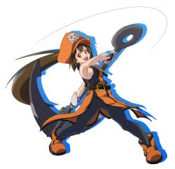 Rule 34 | 1girl, 4wiw, anchor, ankle boots, boots, breasts, brown hair, fingerless gloves, full body, gloves, guilty gear, hat, huge weapon, long hair, may (guilty gear), orange eyes, orange hat, pantyhose, pirate hat, ponytail, sideboob, skull and crossbones, sleeveless, smile, solo, weapon