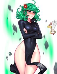 Rule 34 | 1boy, 1girl, ahoge, anger vein, black dress, blush, blushyspicy, bodysuit, breasts, cape, closed mouth, collarbone, covered navel, cowboy shot, curly hair, dress, flipped hair, floating, green background, green eyes, green hair, groin, highres, long sleeves, looking at viewer, medium breasts, no panties, one-punch man, pale skin, red footwear, saitama (one-punch man), short hair, small breasts, tatsumaki, telekinesis, white background, white cape, yellow bodysuit