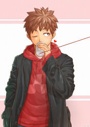 Rule 34 | 04sora40, 1boy, absurdres, bara, brown eyes, brown hair, buttons, coat, commentary, cup, hand in pocket, heart, highres, holding, holding cup, hood, hoodie, layered clothes, looking to the side, male focus, one eye closed, original, string, string of fate, string phone, yaoi