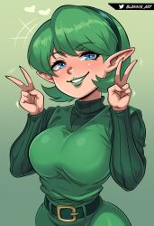 Rule 34 | 1girl, absurdres, aged up, alternate universe, belt, black hairband, blannis, blue eyes, blush, double v, dress, green background, green belt, green dress, green lips, green sweater, green theme, hair behind ear, hairband, heart, highres, long pointy ears, looking at viewer, nintendo, parted lips, pointy ears, ribbed sweater, saria (zelda), short hair, smile, solo, sweater, the legend of zelda, the legend of zelda: ocarina of time, twitter logo, twitter username, v