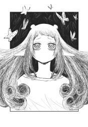Rule 34 | 1girl, absurdres, border, bug, butterfly, dizzy dokuro, greyscale, highres, insect, long hair, looking at viewer, monochrome, nao (gzyr5258), no mouth, outside border, phase connect, pointy ears, shirt, sketch, solo, upper body, virtual youtuber, white border