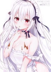 Rule 34 | 1girl, absurdres, apron, bare shoulders, black choker, black ribbon, blush, breasts, chocolate, choker, cleavage, collarbone, finger to mouth, frilled apron, frilled choker, frills, hand up, headdress, highres, large breasts, leaning forward, long hair, looking at viewer, mitsuba choco, naked apron, original, red eyes, ribbon, scan, solo, upper body, very long hair, white apron, white background, white hair