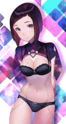 Rule 34 | 1girl, android, arms behind back, black bra, black eyes, black hair, black panties, bob cut, bow, bow bra, bow panties, bra, breasts, capelet, cleavage, commentary, cowboy shot, highres, joints, lingerie, looking at viewer, medium breasts, midriff, original, panties, purple eyes, robot joints, salmon88, short hair, smile, stomach, thighs, underwear, underwear only