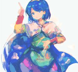 Rule 34 | 1girl, blue eyes, blue hair, cloak, dress, hairband, hands up, kujikimi, long sleeves, looking at viewer, md5 mismatch, multicolored clothes, multicolored dress, multicolored hairband, open mouth, rainbow gradient, short hair, simple background, sky, sky print, solo, tenkyuu chimata, touhou, white background