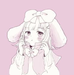 Rule 34 | 1girl, alternate costume, blush, blush stickers, bow, bowtie, capelet, closed mouth, galaga, grey background, hair bow, hair ornament, highres, long sleeves, looking at viewer, medium hair, monochrome, nanami chiaki, pout, simple background, solo, sweater, upper body, yuki maru (yukimaru 1)