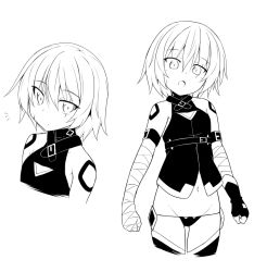 Rule 34 | 1girl, ^^^, arm belt, bandaged arm, bandages, bare shoulders, belt, blush, closed mouth, fate/apocrypha, fate (series), fingerless gloves, gloves, gluteal fold, greyscale, groin, hair between eyes, jack the ripper (fate/apocrypha), kazawa (tonzura-d), looking at viewer, lowleg, lowleg panties, monochrome, multiple views, navel, open mouth, panties, scar, scar across eye, scar on face, short hair, shoulder tattoo, simple background, single glove, tattoo, thighhighs, underwear, white background
