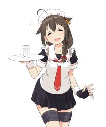 Rule 34 | 10s, 1girl, :d, ahoge, alternate costume, apron, blush, braid, brown hair, commentary request, enmaided, glass, hair flaps, hair ornament, kantai collection, maid, maid headdress, necktie, open mouth, plate, pleated skirt, sailor collar, shigure (kancolle), shigure kai ni (kancolle), single braid, skirt, smile, solo, tamu (mad works), thigh strap, white background