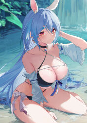 Rule 34 | 1girl, absurdres, alternate hairstyle, animal ear fluff, animal ears, bare shoulders, blue hair, blush, breasts, cleavage, collar, collarbone, earrings, hair down, hashtag-only commentary, highres, hololive, in water, jewelry, jiang ye kiri, large breasts, long hair, looking at viewer, mature female, open mouth, pekomama, rabbit ears, rabbit girl, short eyebrows, sitting, sitting in water, smile, solo, swimsuit, thick eyebrows, underboob, virtual youtuber