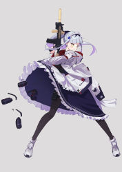Rule 34 | 1girl, alternate costume, alternate hairstyle, apron, assault rifle, black pantyhose, commentary request, dress, enmaided, explosive, frilled apron, frilled dress, frills, full body, girls&#039; frontline, grenade, grey background, gun, h&amp;k hk416, high ponytail, highres, hk416 (girls&#039; frontline), holding, holding gun, holding weapon, jacket, long hair, maid, maid headdress, pantyhose, ranyu, rifle, silver hair, simple background, solo, very long hair, weapon, white footwear, white jacket