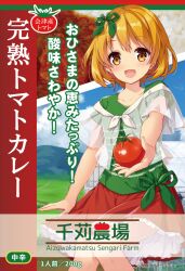 Rule 34 | 1girl, :d, artist request, blush, collarbone, commentary request, cover, curry, curry rice, farm, food, frilled skirt, frills, green ribbon, green shirt, hair ribbon, hina (sengari farm), holding, holding food, indie virtual youtuber, layered skirt, looking at viewer, open mouth, orange eyes, orange hair, red skirt, ribbon, rice, shirt, short hair, skirt, smile, solo, t-shirt, tomato, translation request, virtual youtuber, white skirt