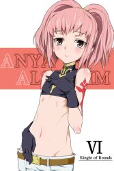 Rule 34 | 1girl, anya alstreim, belt, blush, breasts, code geass, commentary request, gloves, kukurus, long hair, looking at viewer, midriff, navel, pink eyes, pink hair, red eyes, short hair, small breasts, solo