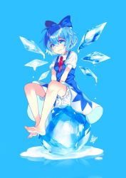 Rule 34 | 1girl, aqua background, barefoot, bloomers, blue background, blue bow, blue eyes, blue hair, blue sky, bow, cirno, day, dress, feet, hair between eyes, hair bow, highres, ice, ice wings, kurisu sai, open mouth, puffy short sleeves, puffy sleeves, short hair, short sleeves, signature, sky, solo, touhou, underwear, white bloomers, wings
