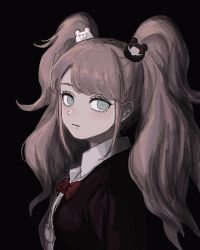 Rule 34 | 1girl, bear hair ornament, black background, black shirt, blush, bow, breasts, collared shirt, crazy eyes, danganronpa: trigger happy havoc, danganronpa (series), enoshima junko, expressionless, from side, grey eyes, hair ornament, highres, long hair, long sleeves, looking at viewer, red bow, renshu usodayo, shirt, solo, twintails, upper body