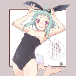 Rule 34 | 1girl, 2021, ahoge, animal ears, aqua hair, barefoot, black leotard, cameltoe, dated, fake animal ears, female focus, flat chest, highres, jumping, leotard, looking down, nipples, open mouth, original, playboy bunny, purple eyes, rabbit ears, rabbit pose, rabbit tail, short hair with long locks, solo, strapless, strapless leotard, white-aster