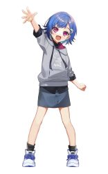 Rule 34 | 1girl, aged down, arm up, black shirt, black socks, blue hair, blue skirt, blush, clenched hand, dolphin hair ornament, fang, full body, grey hoodie, high tops, highres, hood, hood down, hoodie, morimori chikka, nijisanji, nishizono chigusa, open mouth, outstretched arm, pencil skirt, purple eyes, shirt, shoes, short hair, simple background, skin fang, skirt, sleeves rolled up, smile, sneakers, socks, solo, standing, virtual youtuber, white background, white footwear