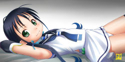 Rule 34 | 1girl, black hair, blouse, blue hair, closed mouth, ebifly, elbow gloves, from side, gloves, gradient background, gradient hair, green eyes, grey background, kantai collection, looking at viewer, looking to the side, lying, multicolored hair, on back, shirt, signature, skirt, sleeveless, sleeveless shirt, smile, solo, suzukaze (kancolle), white shirt, white skirt