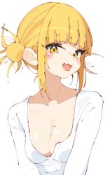 Rule 34 | 1girl, blonde hair, blunt bangs, blush, boku no hero academia, breasts, cleavage, collarbone, commentary, double bun, fang, hair bun, highres, long sleeves, looking at viewer, medium breasts, messy hair, mole, mole on breast, open mouth, rasusurasu, scoop neck, shirt, short hair with long locks, sidelocks, simple background, skin fang, smile, solo, straight hair, toga himiko, tsurime, upper body, white background, white shirt, yellow eyes