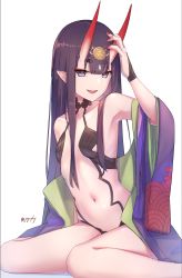 Rule 34 | 1girl, absurdres, alternate hairstyle, armpits, artist name, bad id, bad pixiv id, blue eyes, blunt bangs, breasts, collarbone, commentary, dot nose, eyeliner, eyeshadow, fang, fate/grand order, fate (series), feet out of frame, hand on own head, headpiece, highres, hikimayu, horns, japanese clothes, kimono, long hair, long sleeves, looking at viewer, makeup, nail polish, navel, off shoulder, oni, open clothes, open kimono, open mouth, pointy ears, purple eyes, purple hair, red eyeshadow, red horns, red nails, revealing clothes, sawarineko, shuten douji (fate), simple background, sitting, skin-covered horns, small breasts, smile, solo, wariza, white background, wide sleeves