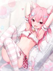 Rule 34 | 1girl, animal ear fluff, animal ears, armpits, arms up, blue bow, blush, bow, breasts, cat ears, cat girl, cat tail, commentary request, crop top, fang, feet out of frame, frilled pillow, frills, hair between eyes, hair bow, hair ornament, heart, knees up, looking at viewer, lying, navel, on back, original, pillow, pink hair, plaid, plaid skirt, pleated skirt, red eyes, red skirt, rekareka, skirt, small breasts, solo, star (symbol), star hair ornament, striped clothes, striped thighhighs, tail, thighhighs