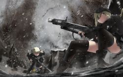 Rule 34 | 2girls, bad id, bad pixiv id, blonde hair, blue eyes, boots, braid, covering privates, eric9999, explosion, eyepatch, fire, from below, glasses, gun, heavy machine gun, highres, looking to the side, machine gun, miniskirt, multiple girls, one eye closed, panties, pantyshot, pleated skirt, rifle, serious, short hair, skirt, smoke, thighhighs, trench, twin braids, underwear, weapon