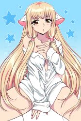 Rule 34 | 1girl, android, bare shoulders, blonde hair, blue background, blush, borrowed clothes, breasts, brown eyes, chii, chobits, cleavage, collarbone, faenatical, fingernails, highres, long hair, looking at viewer, medium breasts, naked shirt, no bra, off-shoulder shirt, off shoulder, oversized clothes, pink nails, robot ears, shirt, sitting, sleeves past wrists, solo, star (symbol), starry background, very long hair