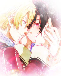 Rule 34 | 2boys, black hair, blonde hair, blue eyes, blush, collar, eiyuu densetsu, face-to-face, falcom, hand on another&#039;s face, jacket, jusis albarea, light particles, looking at another, male focus, military, military uniform, multiple boys, necktie, pink eyes, profile, purple eyes, rean schwarzer, red jacket, school uniform, sen no kiseki, shiny skin, shirt, striped clothes, striped shirt, uniform, yaoi