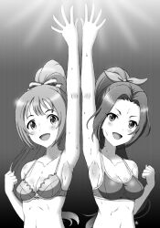 Rule 34 | 2girls, armpits, arms up, bare shoulders, bow, bra, breasts, cleavage, clenched hand, collarbone, gradient background, greyscale, hair bow, highres, idolmaster, idolmaster cinderella girls, lights, long hair, looking at viewer, medium breasts, midriff, monochrome, multiple girls, open mouth, parted bangs, ponytail, signature, smile, sports bra, sweat, underwear, upper body, vzmk2, wakabayashi tomoka