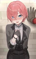 1girl 1other against_wall alternate_costume arm_behind_back blue_eyes blush brick_wall coat embarrassed fancy_suit fingerless_gloves flirting formal gloves highres hololive nails open_mouth pink_hair pov short_hair smile suit suspenders takane_lui takion virtual_youtuber