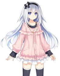 Rule 34 | 10s, 1girl, arusu maria, black ribbon, black thighhighs, blue eyes, date a live, frilled skirt, frills, hair ribbon, long hair, looking at viewer, ribbon, silver hair, skirt, smile, solo, thighhighs, transparent background, tsunako, white skirt