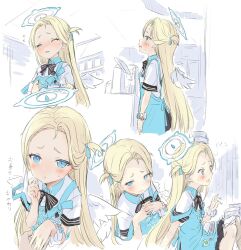 Rule 34 | 1girl, apron, black bow, black bowtie, blonde hair, blue apron, blue archive, blue eyes, blue ribbon, blush, bow, bowtie, closed mouth, collared shirt, flying sweatdrops, hair ribbon, halo, highres, id card, long hair, looking at viewer, mini wings, multiple views, nimura yuuji, parted bangs, ribbon, scrunchie, shirt, short eyebrows, simple background, sketch, sora (blue archive), store clerk, striped bow, striped bowtie, striped clothes, two side up, white background, white shirt, wings, wrist scrunchie