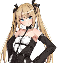 Rule 34 | 1girl, black ribbon, blonde hair, blue eyes, breasts, dead or alive, dead or alive 5, detached sleeves, dress, frilled dress, frills, gothic lolita, hair ornament, hair ribbon, hands on own hips, highres, lolita fashion, long hair, marie rose, ribbon, sleeveless, sleeveless dress, small breasts, takanashi kei (hitsujikan), twintails, upper body, white background, wide sleeves, x hair ornament