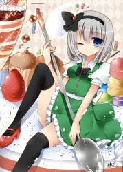 Rule 34 | 1girl, :&lt;, argyle, argyle background, argyle clothes, black thighhighs, blue eyes, candy, cookie, cupcake, female focus, food, food on face, fruit, hairband, high heels, highres, konpaku youmu, konpaku youmu (ghost), looking at viewer, mini person, minigirl, one eye closed, parfait, plate, pocky, shoes, short hair, silver hair, sitting, solo, spoon, sprinkles, strawberry, sweets, thighhighs, touhou, wink, yuzuki (blossom)