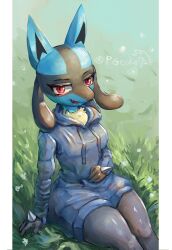 Rule 34 | 1girl, absurdres, animal ears, arm at side, artist name, black fur, blue dress, blue fur, body fur, breasts, creatures (company), day, drawstring, dress, eyeliner, fang, female focus, furry, furry female, game freak, gen 4 pokemon, grass, half-closed eyes, hand on own stomach, happy, highres, hood, hood down, hooded dress, legs together, long sleeves, looking at viewer, lucario, makeup, multicolored fur, nintendo, on ground, open mouth, outdoors, pepper gecko72, pillarboxed, pocket, pokemon, pokemon (creature), red eyeliner, red eyes, short dress, sideways mouth, signature, sitting, small breasts, smile, snout, solo, spikes, thighs, twitter username, wolf ears, wolf girl, yellow fur