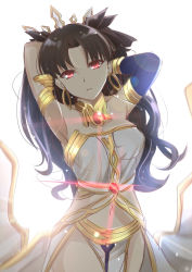 Rule 34 | 1girl, absurdres, adjusting hair, armlet, armpits, arms behind head, arms up, bare arms, bare legs, bare shoulders, black hair, black ribbon, blurry, breasts, clothing cutout, crown, depth of field, earrings, fate/grand order, fate (series), female focus, gem, glowing, gu li, hair ribbon, head tilt, highres, hoop earrings, ishtar (fate), jewelry, legs, lens flare, long hair, looking at viewer, medium breasts, navel, navel cutout, neck, neck ring, parted lips, pelvic curtain, red eyes, revealing clothes, ribbon, smile, solo, standing, strapless, tohsaka rin, two side up, type-moon, white background
