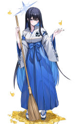 Rule 34 | 1girl, absurdres, alternate costume, black hair, blue archive, blue hair, blue skirt, blush, breasts, broom, colored inner hair, falling leaves, ginkgo leaf, hakama, hakama skirt, halo, highres, holding, holding broom, japanese clothes, large breasts, leaf, long skirt, looking at viewer, miko, mukmuknodap, multicolored hair, pleated skirt, sandals, saori (blue archive), shirt, simple background, skirt, solo, straight hair, tabi, two-tone hair, white background, white shirt, wide sleeves, zouri