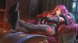 Rule 34 | 1girl, absurdres, artstation username, belt, belt buckle, bodystocking, boots, breasts, buckle, coin, elbow gloves, gloves, gold coin, high heel boots, high heels, highres, hololive, houshou marine, houshou marine (marching band), large breasts, leotard, long hair, moon, olga korezky, pantyhose, sitting, smile, solo, thigh boots, treasure chest, twintails, twitter username, virtual youtuber, window, yellow eyes